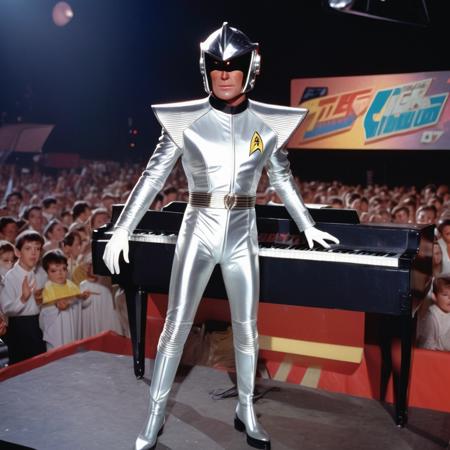 futuristic chrome helmet with a matching star trek type suit suit, highly ((reflective helmet:1)), realistic fabric on clothes, black suit, helmet has tiger ears royalty suit, full body, futuristic royalty style outfit, ((big visor on helmet:1)), playing piano, on a stage , with hundreds of people, at a concert <lora:1987 Action Figure Playset Packaging:1> packaging, figure, 1987, action, playset, standing, plastic, cardboard, product
