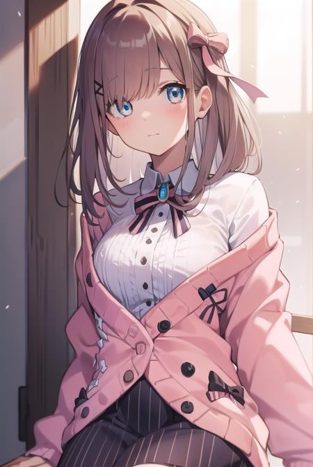 lulu suzuhara, blue eyes, brown hair, hair ornament, hair over one eye, hair ribbon, hat, beret, boots, bow, bowtie, brooch, buttons, cardigan, frills, jewelry, pantyhose, ribbon, skirt, striped, striped pantyhose, striped skirt, vertical stripes, vertical-striped pantyhose, virtual youtuber,  (pink cardigan:1.5),