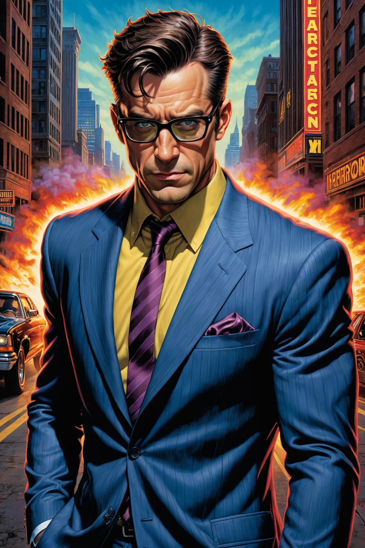 A man in a blue suit and yellow shirt with a purple tie stands on a street.