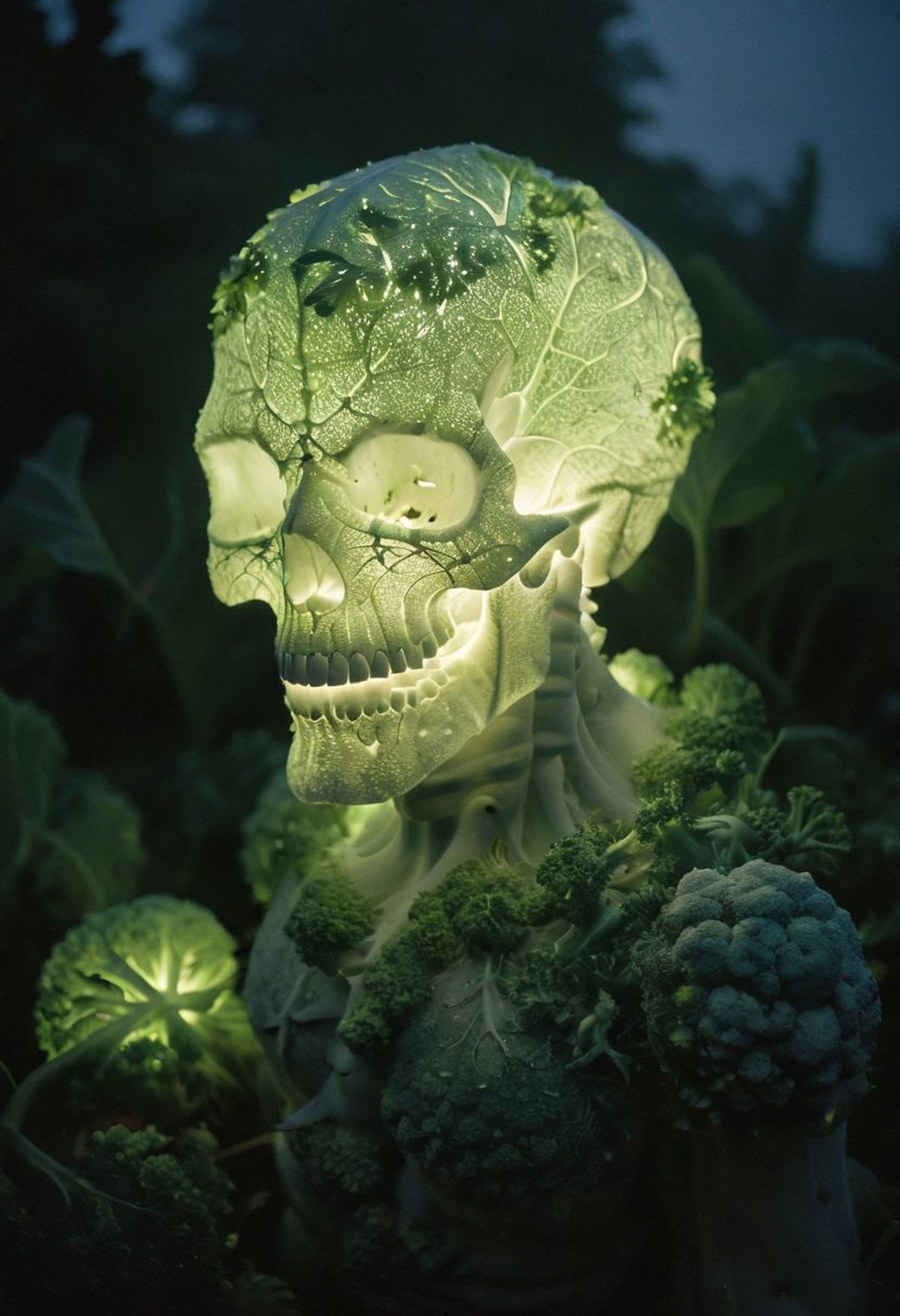 Backlight, Very detailed, a white Green sss thick resin crystalized horror skull monster-Broccoli of Doom, in wild Overgro...