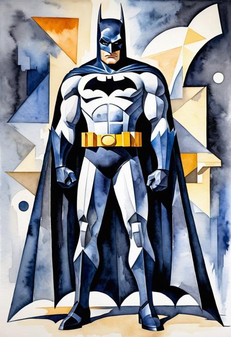 A full-body Long-view Wet-wash watercolour cubism artwork featuring Bizarro, a bizarre cubism inversion of Batman with gray or chalk-white skin. He lives on "the Bizarro world," a cubical planet called Htrae. Picasso-like style.