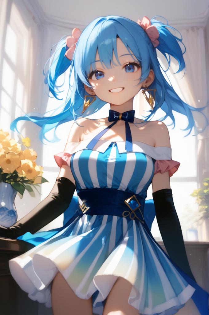 score_9_up,score_8_up,score_7_up,masterpiece,best quality,highres,absurdres,ultra-detailed,illustration,1girl,large breasts,looking at viewer,indoors,happy,smile,long hair,blue hair,two side up,hair ornament,earrings,blue eyes,striped dress,bow,elbow gloves,black gloves,bare shoulders,<lora:é­æ³å°å¥³å°å æ°´æ³¢ç²å¥ èªè£½:0.8>