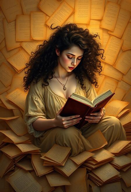 mythp0rt,Midjourney_Whisper, A young woman with porcelain skin and voluminous, raven-hued curls sits serenely amidst a sea of antique parchment, engrossed in a leather-bound tome. Her pose, reminiscent of classical portraiture, is one of quiet contemplation, bathed in the lambent glow of an unseen celestial body. Capture the scene from a slightly elevated perspective, emphasizing the sheer volume of aged paper surrounding her, each sheet imbued with its own untold narrative. The color palette should evoke a sense of nostalgic melancholy, with muted ochres, sepia tones, and the ethereal luminescence of timeworn paper. Focus on conveying the tangible weight of history and knowledge enveloping her, hinting at the boundless worlds contained within both the written word and the depths of her own imagination.