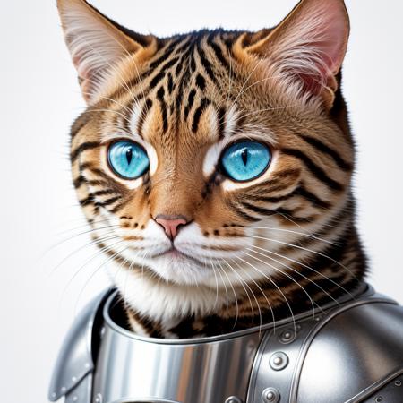 RAW photo, absurdres, high quality, photorealistic, portrait of a cat, plate armor, looking at viewer, smile, photo realism, ultra-detailed, 50mm, f1. 4, 8k uhd, film grain