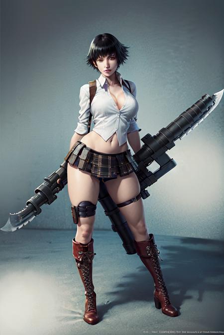 (masterpiece, best quality:1.2) lady, dmc, young lady, dmc3, 1girl, solo, heterochromia, red eyes, blue eyes, black hair, short hair, white collared shirt, plaid miniskirt, thighs, weapon, gloves, huge weapon, cleavage, large breasts, midriff, rocket launcher, scar,  gun, boots, <lora:LADY-15:0.8>