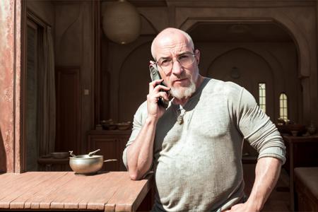 bald man talking on the phone, in a house in morocco. MortNobody_P.