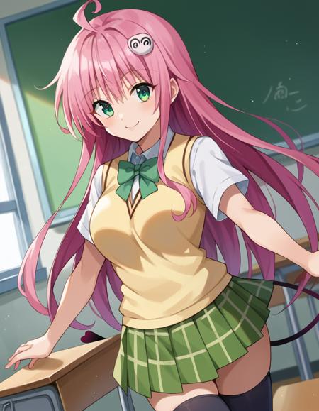 lala deviluke, long hair, pink hair, tail, ahoge, bangs, hair ornament, green eyes, demon tail, green skirt, plaid, plaid skirt, sainan high school uniform, school uniform, skirt, sweater vest, thighhighs, yellow sweater, short sleeves, bow, green bow,