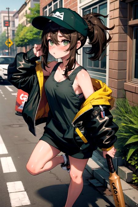 (masterpiece, best quality, extremely detailed:1.5), BREAK 1girl, brown hair, ponytail, sidelocks, hair between eyes, (holding baseballbat), green eyes, tank top, hoodie, off shoulder, cap, blush, outdoors \(object\), full body, mid shot