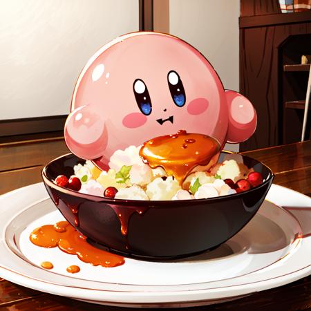 Highly detailed, High Quality, Masterpiece, Kirby, <lora:Kirby:0.9>, food, eating