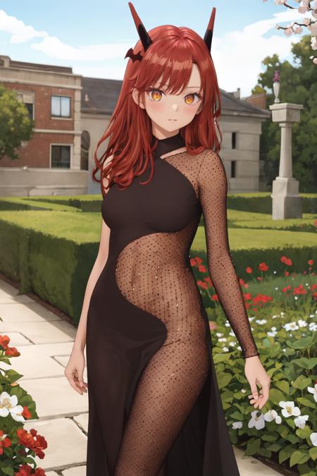 masterpiece,best quality,highres,ultra-detailed,(facing_viewer:1.1),cowboy_shot,solo,1girl,small_breasts,straight_long_hair,standing,outdoors,garden,cherry blossom trees,black dress,pantyhose,see-through,<lora:side_see_through_dress:1>,tania, dragon girl, dragon horns, red hair, orange eyes, large breasts, long hair, <lora:Character_è¢«åèéä¼éé¤çé¦­ç¸ä½¿-å¡å¦®é:0.8>