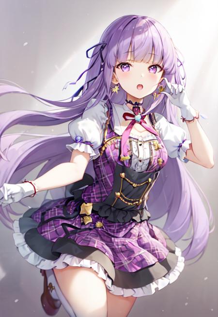 hikami smire<lora:hikami smire_v1:0.8>,hair ribbon,purple hair,blunt bangs,
hikami smire, blunt bangs, bow,  checkered, checkered background, checkered skirt,  gloves, hair ribbon, hammer and sickle, idol, long hair, meer campbell, open mouth, pentagram, plaid, plaid background, plaid bow, plaid dress, plaid skirt, plaid vest,  ribbon,short sleeves, skirt, star-shaped pupils, star choker, star earrings,  code 1, ((masterpiece,highres)),