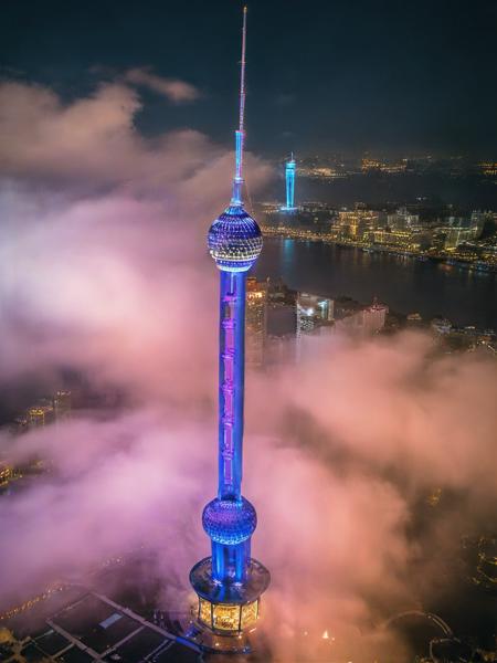 realistic, aerial photograph, cloud, tower,  night, neon light,  fireworks<lora:ap1-000024:0.8>