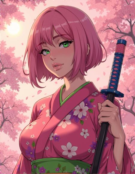 hyper-detailed, modernretroanime, Anime, anime screencap, cel shading,  dramatic, sharp detail, mature female, 
A graceful woman with short pink and lime green hair wears a vibrant pink floral kimono with green and purple accents. She holds a katana with a blue and pink hilt, poised gently against her shoulder. Her gaze is serene yet determined, with soft makeup accentuating her features. The background is a garden filled with blooming cherry blossoms, their petals falling softly around her. The lighting is warm and glowing, highlighting her soft, ethereal beauty.
 <lora:FluxDFaeTasticDetails:0.4> <lora:MoriiMee_Gothic_Niji_Style_FLUX:0.4> <lora:MelkorMancin-FLUX:0.6>