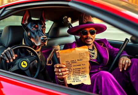A fierce black Doberman with cropped ears, eyes sharp and intimidating, commands the driver’s seat of a flashy 80s red Ferrari, gripping the wheel with deadly focus. Beside him, Snoop Dogg, in full pimp glory, lounges with effortless swagger. He’s decked out in a rich purple velvet suit with gold trim, a wide-brimmed hat topped with a feather, massive gold chains, and rings that gleam under the light. His cane rests casually across his lap as he holds a crumpled, slightly torn letter. The letter's edges are singed, and in bold, chaotic handwriting with splatters of ink, it reads: 
"YO, ONLY BUZZ CAN MAKE THIS MACHINE FLY. 
TIME’S RUNNING OUT—GET YOUR HEAD STRAIGHT OR LOSE IT. 
-THE BOSS"
The note has a mysterious, almost cryptic quality, like a warning from the underworld. Inside the Ferrari, the interior screams luxury with slick black leather and aggressive red stitching. Outside, a neon-lit Miami backdrop with swaying palm trees and gritty streets contrasts the car's gleaming, polished exterior. The whole scene feels hyperrealistic, blending edgy high-end style, a dangerous vibe, and lifelike textures with an air of intrigue and power.