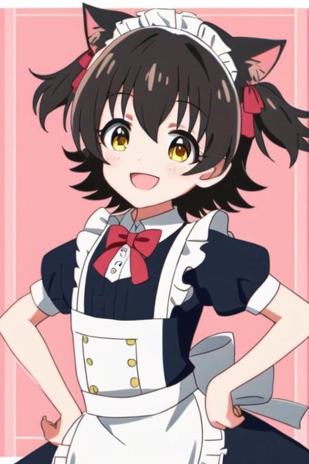 Akagi Miria, u149ani,
1girl, :d, animal ears, apron, black hair, blue dress, blush, border, bow, bowtie, cat ears, cat girl, collared dress, dress, extra ears, flat chest, frilled apron, frilled sleeves, frills, hair between eyes, hair ribbon, kemonomimi mode, looking at viewer, maid, maid apron, maid headdress, open mouth, outside border, paw print, pink background, red bow, red bowtie, red ribbon, ribbon, short hair, smile, solo, two side up, upper body, white apron, white border, yellow eyes,
<lora:u149-v4.0:1>