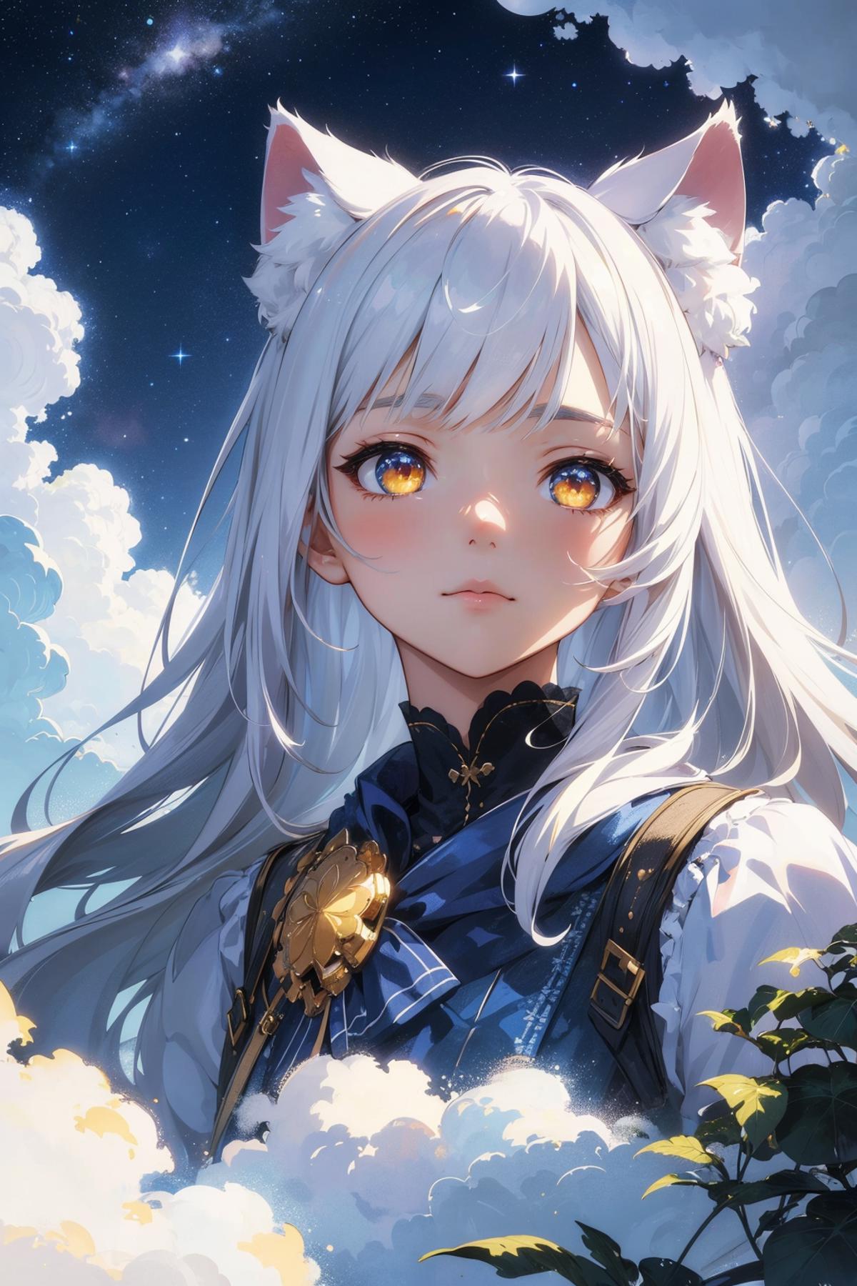 (masterpiece:1.1), (highest quality:1.1), (HDR:1.0), high quality, cute girl, cat ears, white hair, special ambience, (fla...