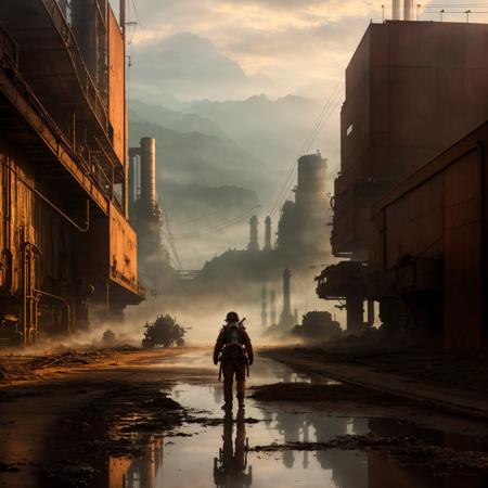 RAW photo, (epic landscape), masterpiece, ((dieselpunk)), futuristic factory, postapocalyptic, smoke, best quality, dynamic pos, ultra detailed, reflective puddles, metal plates, rust, full body, fluid movement, light trail, dramatic lighting, red tone, short_hair, Photorealistic, Hyperrealistic, Hyperdetailed, analog style, detailed skin, matte skin, soft lighting, subsurface scattering, realistic, heavy shadow, masterpiece, best quality, ultra realistic, 8k, High Detail, film photography, soft focus,