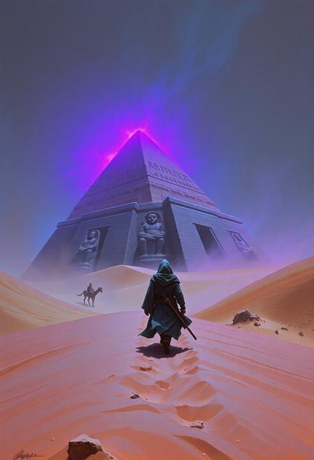 A desert-robed wanderer strides through a sandstorm toward a buried ziggurat whose apex glows with eerie violet light. Each gust reveals carved effigies of forgotten gods on the dune-slid walls., dndpntng style vintage fantasy painting, 1980s RPG style, hand painted with dramatic shadows and fantasy details, <lora:dnd-painting_v10:1>
