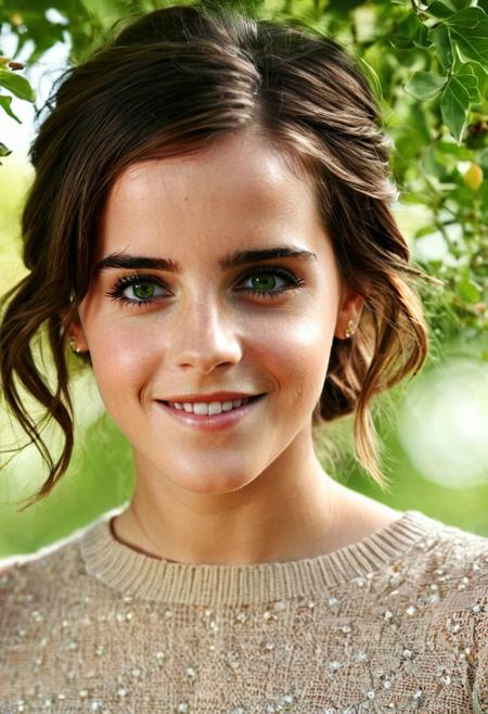 beautiful girl, (emma watson) , smile, happy, close up, (detailed eyes:0.7) , (green eyes) , (looking at the camera:1.2) , outside, tree, sun, black hair:1. 3, bright studio, muted colors