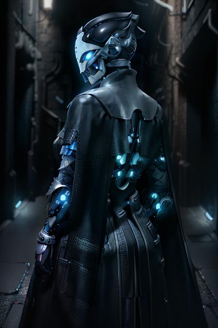 <lora:Ada-1:0.8>, female, dark alley, face visible, back turned, cape, looking at viewer, looking behind, looking over shoulder, bald, blue glowing eyes, defined eyes, hyper-realistic, perfect face, detailed face, full body, masterpiece:1.4,  detailed, refined details, sharp definition, clean edges