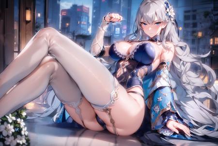 <lora:TowerOfFantasyFiona_fionaType1V10:0.8>,((masterpiece,best quality)),fiona\(tof\),1girl,((solo)),breasts,large_breasts,looking at viewer,anime,Poker face,glamorous,beautiful detailed face,beautiful detailed eyes,concept art of a far-future city, key visual, summer day, highly detailed, digital painting, artstation, concept art, sharp focus, in harmony with nature, streamlined, by makoto shinkai and akihiko yoshida and hidari and wlop,dynamic pose,((sexy black lace lingerie)),white_pantyhose,spread legs