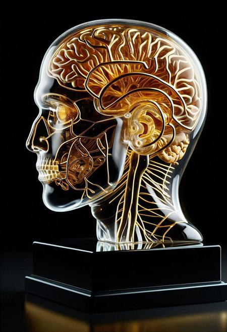 A hyper-realistic photo of a transparent glass sculpture of a human head, with an intricately detailed golden brain fully exposed inside. The brain is crafted from polished gold with delicate veins and folds, glowing under dramatic studio lighting that creates sharp reflections on the glass surface. The sculpture sits on a sleek black pedestal, surrounded by a pitch-black background that emphasizes the contrast between the glass, gold, and shadows. The lighting is moody and directional, casting long reflections and subtle refractions through the glass to reveal its thickness. Photorealistic, 8K resolution, shot with a Canon EOS R5 and 85mm lens at f/1.8 for shallow depth of field, inspired by luxury art photography and scientific exhibits. RetroBG