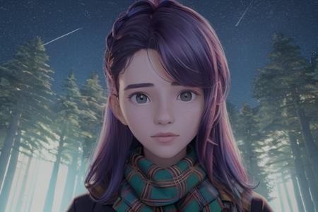 1girl, portrait, warm trees,close up of a Inviting Alessia surrounded by Aquarius constellation, Lob hairstyle, Medieval Tartan Scarf, Graphic novel, Light caustics,  <lora:super-000007:0.8>