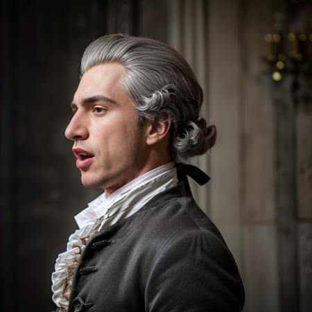 <lora:18th_Century_man_V0-000018:0.6> w16hsl1ps, 1boy, 1man, (angry, scared, shouting, mouth opened, teeth, pointing, screaming,:1.2), professional photograph, 4K, 18th century clothes, historical wig, grey hair, simple dark background, dramatic lighting, ultra realistic photograph, professional art, by Gucci photographer, close-up, pink lips, brown coat, (from front:1.1), looking to side, profile,