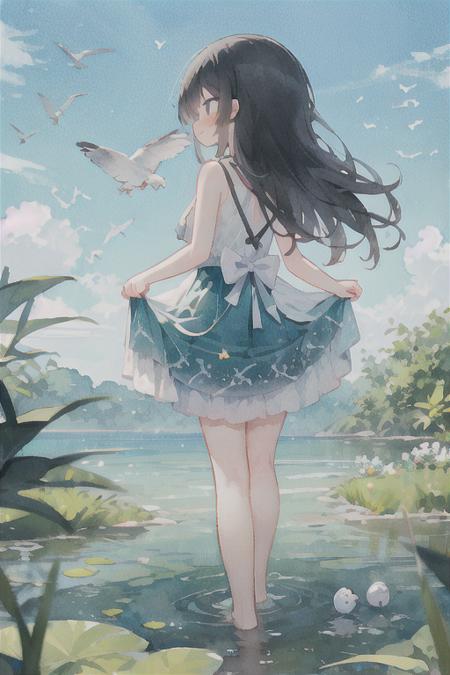 masterpiece, best quality, absurdres, illustration, watercolor,
1girl, solo, long hair, black hair, dress, skirt hold, wading, sleeveless, barefoot, bare shoulders, standing, from behind,
outdoors, cloud, sky, bird, water, rainbow,