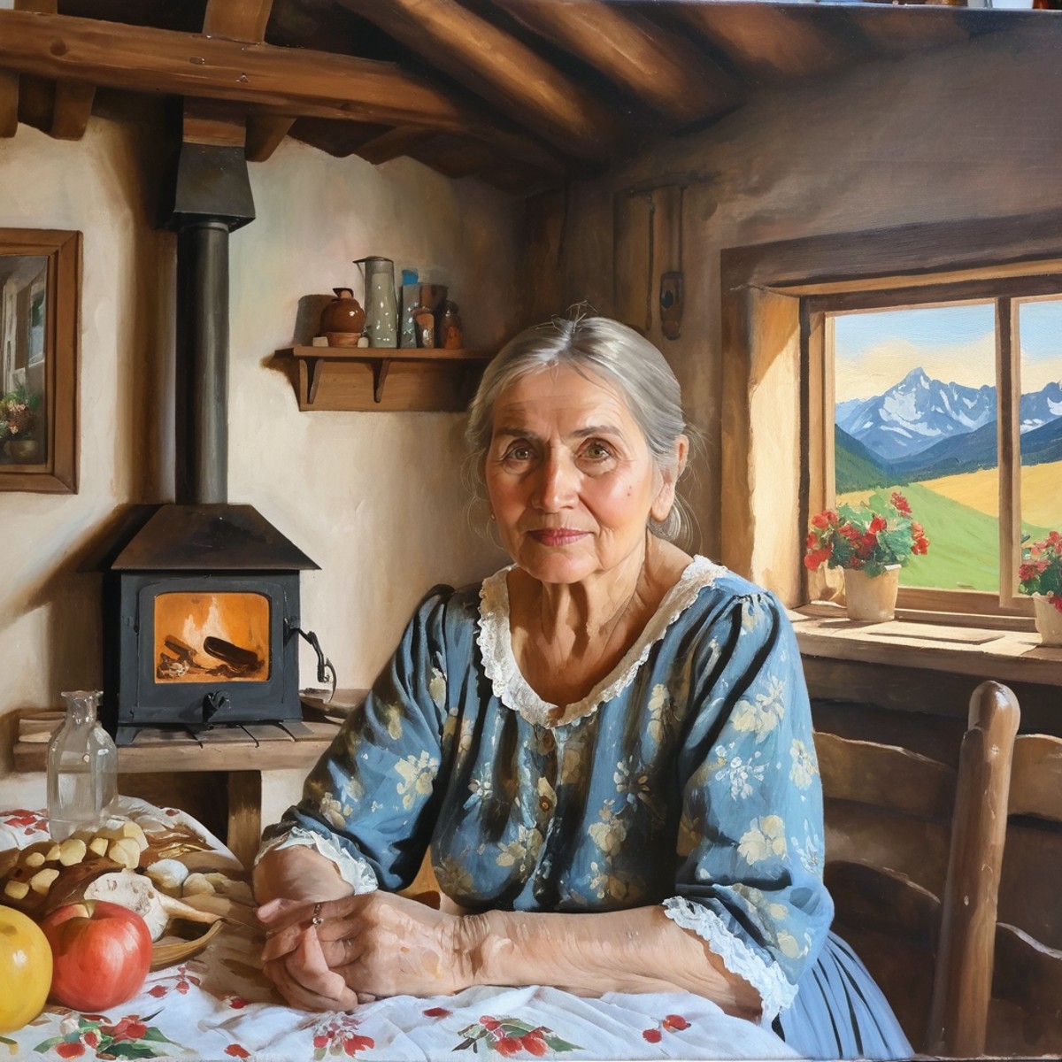 Oil painting of a beautiful old grandmother  in a cozy Bavarian cottage, oil on canvas,anxarmas,  <lora:anarmas_juggerX_xl...