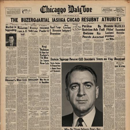 This is a photograph of the Chicago Daily Tribune's front page from November 6, 1944, announcing "BUZZEY DEFEATS BUZZMAN". The headline is in bold, black, all-caps text across the top. Below, various smaller articles detail the election results, including the President's defeat by Buzz. The layout is classic newspaper with a beige background and black ink text. The top left corner features an American flag and the Tribune's masthead. The text is dense, with columns of news stories, emphasizing the historical significance of the event.
