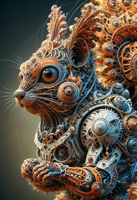 cinematic photo a vast, masterpiece, Ultra realistic photo a cyborg squirrel Sloot An embroidered design Spring atmosphere, sharp robot details, and eerie, swirling textures dominate the surreal composition, ultra sharp focus photo, cinematic, beautiful, vibrant, masterpiece, 32k, ultra HD, ultra-detailed, amazing quality, amazing artist, sharp edges, detailed textures, full view, atmospheric lighting, amazing visuals. cyborg squirrel robot, 32k, vibrant, masterpiece, 32k, ultra HD, ultra-detailed, amazing quality, amazing artist, sharp edges, detailed textures, full view, atmospheric lighting, amazing visuals.
 <lora:FluxDFaeTasticDetails:1>,  <lora:aidmaMJ6.1_v0.5_3:1> aidmamj6.1,  <lora:aidmaGPTimage:1> aidmagptimage,  <lora:ral-frctlgmtry:1> ral-frctlgmtry,