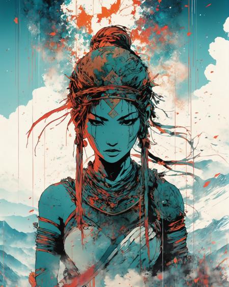 poster of warrior goddess, standing alone on hill, centered, detailed gorgeous face, anime style, key visual, intricate detail, highly detailed, breathtaking, vibrant, panoramic, cinematic, Carne Griffiths, Conrad Roset, Makoto Shinkai