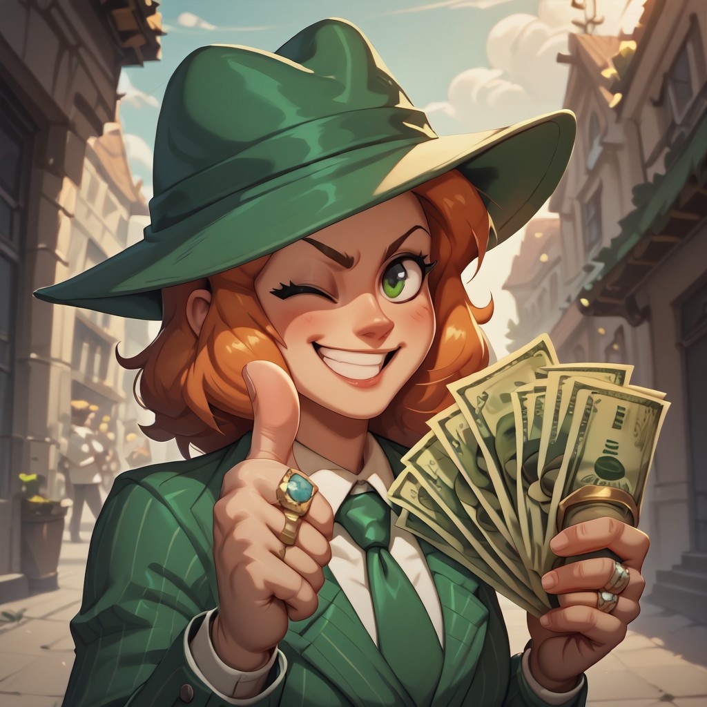 score_9, score_8_up, score_8. score_9, score_8_up, score_7_up, masterpiece, 4k, high quality, (best quality:1.1),anime, semi realistic, thumbs up, one eye closed, grin, smile, money, holding money, portrait, need_buzz, holding sign,  gangstersb, ring, formal, hat, green headwear, necktie, suit, striped, looking at viewer