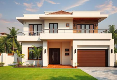 exterior of a modern indian house, decor, wide view, with a garage and lawn