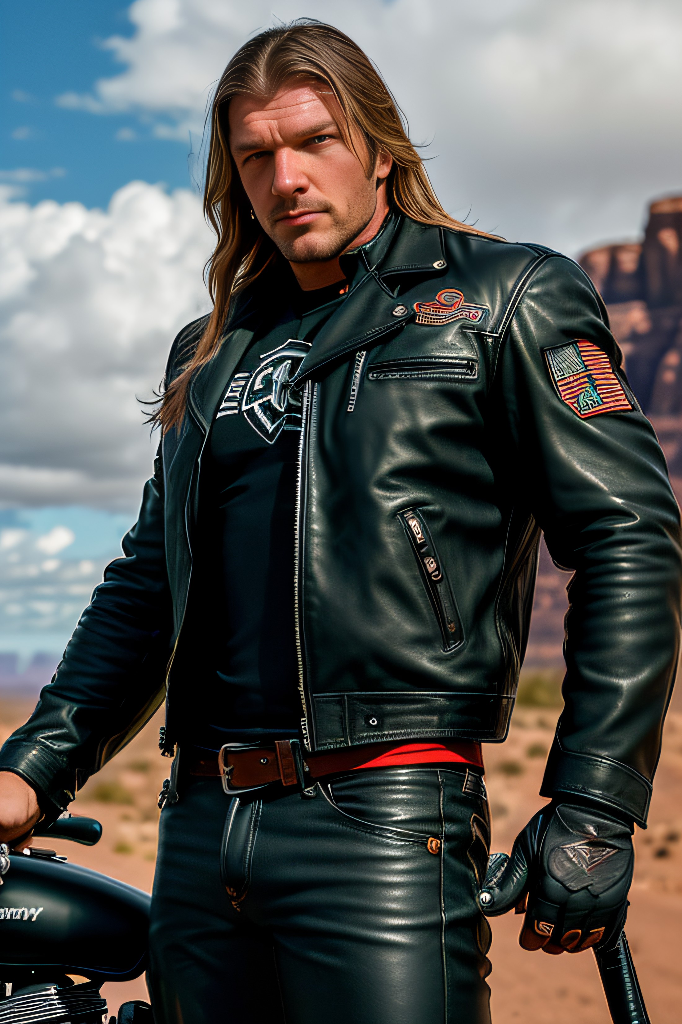 photo of (HHHCL01:0.99), a man as a biker, modelshoot style, (long hair, oily hair), (extremely detailed CG unity 8k wallp...
