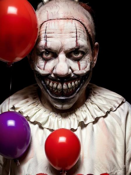 Twisty768, white clown dirty suit, holding red balloons, detailed eyes, photography, trending on artstation, sharp focus, studio photo, intricate details, highly detailed, by greg rutkowski  <lora:Twisty768:0.7>