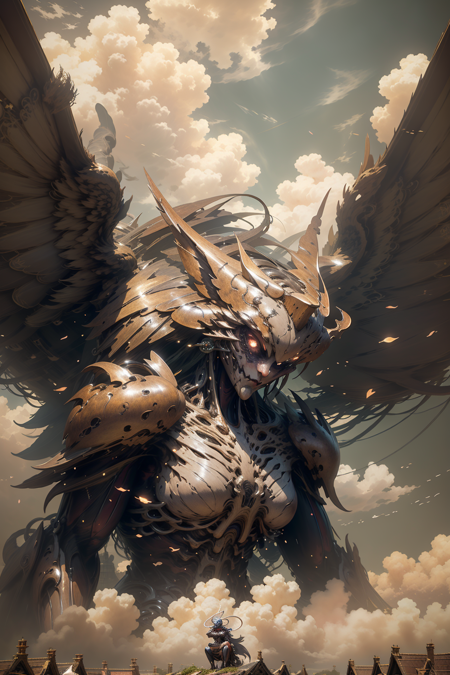 ((best quality)), ((masterpiece)), (detailed), female titan, mecha, horror beauty, perched on a cloud, (fantasy illustration:1.3), enchanting gaze, captivating pose, delicate scars, otherworldly charm, mystical sky, (Luis Royo:1.2), (Yoshitaka Amano:1.1), moonlit night, soft colors, (detailed cloudscape:1.3), (high-resolution:1.2) <lora:FemaleTitanV2:0.8> <lora:nijiMecha:1>