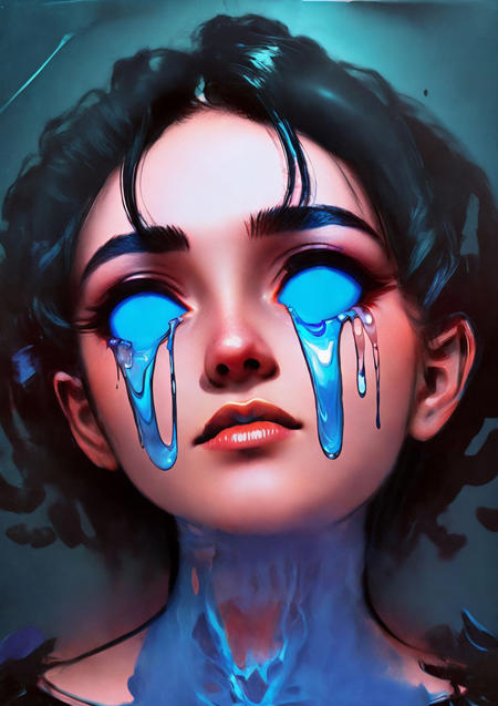 spilled open eyes ,blak hair, short hair, frame, victorian room,night, blue background,  <lora:trippy tears-v9:1>