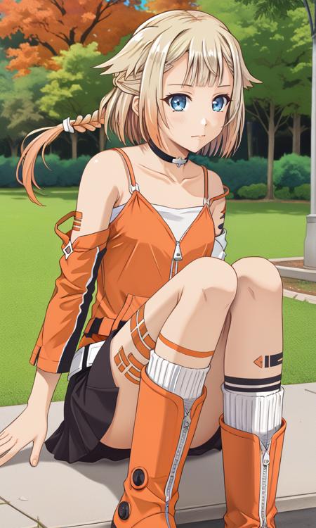 ONE_CeVIO,blue eyes,blonde hair,single braid,hair flaps,emblem choker, bare shoulders,single detached sleeves,orange shirt,spaghetti strap,arm tattoo,leg tattoo,zipper,belt,black skirt,uneven legwear,single kneehigh,single thighhigh,cross-laced footwear