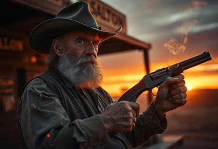 cinematographic scene, ultra-realistic image, full-length elderly cowboy with gray hair and beard, holding a bottle of whiskey in one hand, with the other hand holding a gun and resting it on his shoulder, smoke coming from the barrel of the gun, saloon in the background, sunset light, desert, western atmosphere