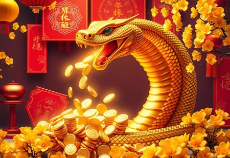 The image depicts a majestic golden cobra surrounded by a vibrant and celebratory setting. The cobra is open-mouthed, spewing a stream of glowing gold coins, symbolizing wealth and prosperity. The background features traditional Chinese red elements, including red envelopes and decorative scrolls, along with blooming yellow flowers, evoking a festive and auspicious atmosphere. The scene is rich in warm golden tones, emphasizing the themes of abundance and good fortune.