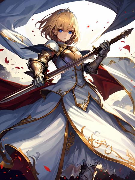 masterpiece,best quality,highres,cinematic lighting,dramatic angle,<lora:ShadowverseAureliaV2:0.8> ,blonde hair,hairband,breastplate,crown,armored boots,gauntlets,petals,white  dress,looking at viewer,serious,blue eyes,parted lips,holding sword,slashing,glowing weapon,from random point of view,portrait,close-up,cape,bare shoulders