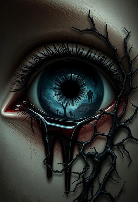 A single, opened eye stares out, its iris a swirling vortex of haunting imagery. The eye's insides are a dark, eerie realm, filled with twisted, nightmarish visions and macabre, gothic landscapes. As the eye begins to leak, the images spill out, like a pool of horror and nightmares, spreading across the surrounding surface. Nearby, a tangled, thorny vine seems to writhe and twist, as if alive, its dark, woody tendrils reaching out like skeletal fingers. Every detail of the scene is meticulously rendered, from the intricate, web-like patterns on the eye's surface to the delicate, glistening tears that well up in its corner. The overall effect is one of chilling, surreal dread, as if the very fabric of reality is being torn apart by the horrors that lurk within. highest-Quality, intricate details, visually stunning, Masterpiece