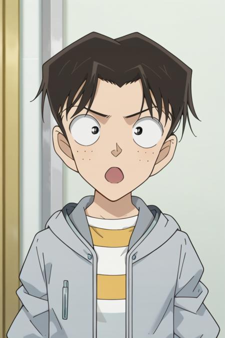 mitsuhiko tsuburaya, brown hair, black eyes, freckles,