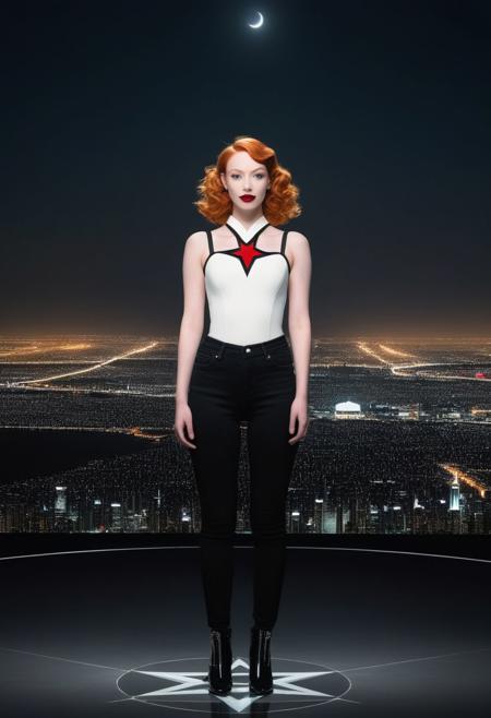 In center held in her hand: a black circle in bold lines intersected by a thick pentagram, five pointed star,( symmetrical:1.6),
In the background: ((An enormous city sprawl with a city skyline reaching for the stars,
Aleph Tower, centre for the AI that rules the Human civilization, in a glittering city of glass and shining metal,
   bright sunlight under a pitch black sky.
twice five miles of urban sprawl,
in the front a mysterious woman, black jeans, white top with thin shoulder straps, reminiscent of old pin up models,( full body portrait:1.5), slick suit, secretive face, long ginger hair, flowing curls, pale skin, blushing, Freckles, red lipstick, slight smile, red shawl, proud)),  
Photographer Reuben Wu Style