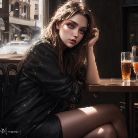 Alexeevafap,<lora:Alexeevafap_v2-000003:1.5>,detailed,realistic,sitting in a cafe 2015,afternoon lightning,piercing eyes,looking straight,dark long hair,Photorealistic,8k,