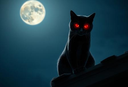 "In the moonlit night, a large black cat is sitting on the roof, and from its eyes, red light is coming out, which looks very frightening."