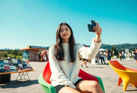 masterpiece, 8k, perfect ligthing, score_9, score_8_up, score_7_up, score_6_up, score_5_up, score_4_up, A young woman is sitting outdoors on a colorful modern chair in a sunny public space. She is wearing a white long-sleeve sweater and black shorts, holding her phone up to take a picture or video. In the background, there are several book displays, information booths, and other people casually strolling. The sky is clear and blue, with some greenery and hills visible in the distance. The setting gives off a lively and relaxed vibe, with a focus on reading and leisure activities."