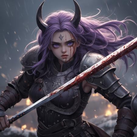 1girl, atletic , long hair, half color, black, stylish hairdo, cornrow braids, dark violet hue, eyes cold and vacant, (((scar left eye)), violet-trimmed viking armor, moved grace, deadly dancer, twin retractable daggers, katana, blood stained armor, leather armor, leather shoulder pads, leather bracers, leather boot, deadly efficiency, body bloodied, Beautiful Figure, fighting, 1boy , humanoid, a cross between hawk and a fox, wearing armor, attractive and original designs, focused on fantasy, dim light, full-body shot, middle ocen viking ship background, masterpiece, amazing quality, best quality, aesthetic, slender, cute, absurdres, beautiful, detailed eyes, perfect eyes, detailed hair, cute round face, very aesthetic, high resolution, ultra-detailed, newest, scenery, BREAK, depth of field, volumetric lighting, BREAK, score_9, score_8_up, score_7_up,